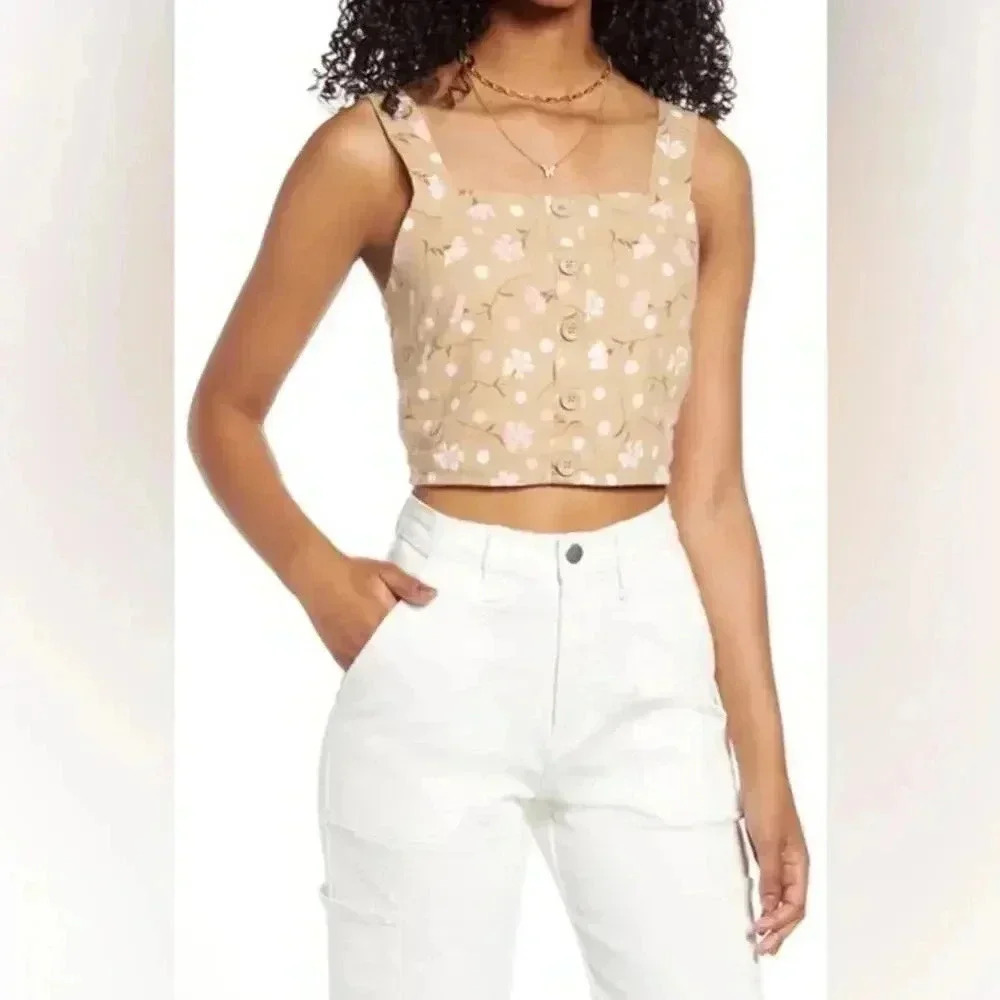 BP BUTTON FRONT LINEN BLEND TANK IN BEIGE- PINK SOPHIE FLORAL NWT